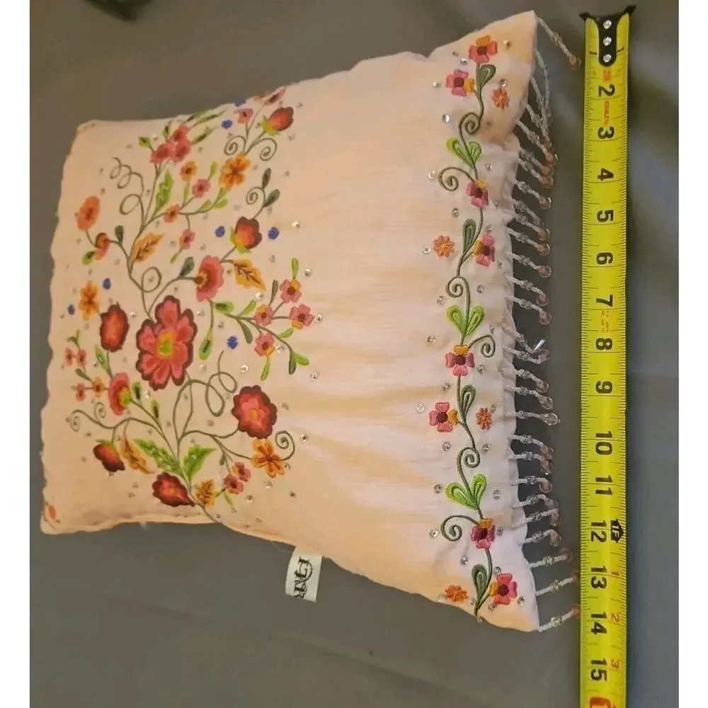 I T R Pillow 14X17 Embroidered and Embellished Flowers Pink Background